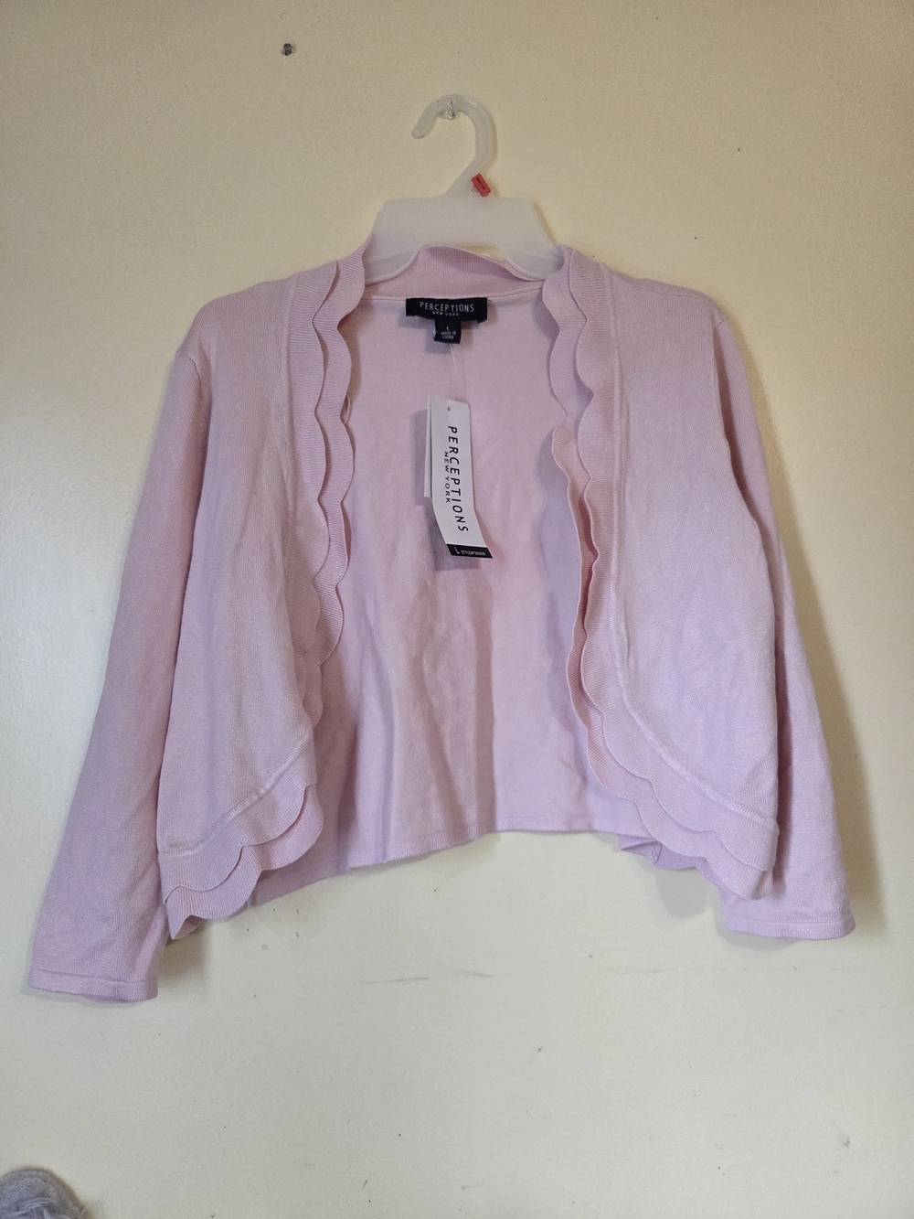 Perceptions Petite Scalloped Open-Front Pink Cardigan Sweater